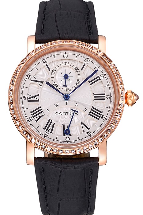 Cartier Rotonde White Dial Gold Case With Jewels Black Leather Strap  622760