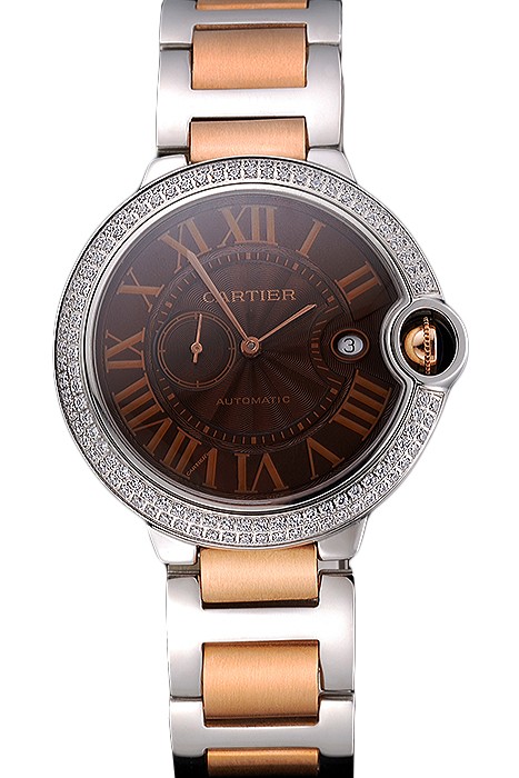 Swiss Cartier Ballon Bleu Diamond Case Brown Dial Two Tone Bracelet  622674