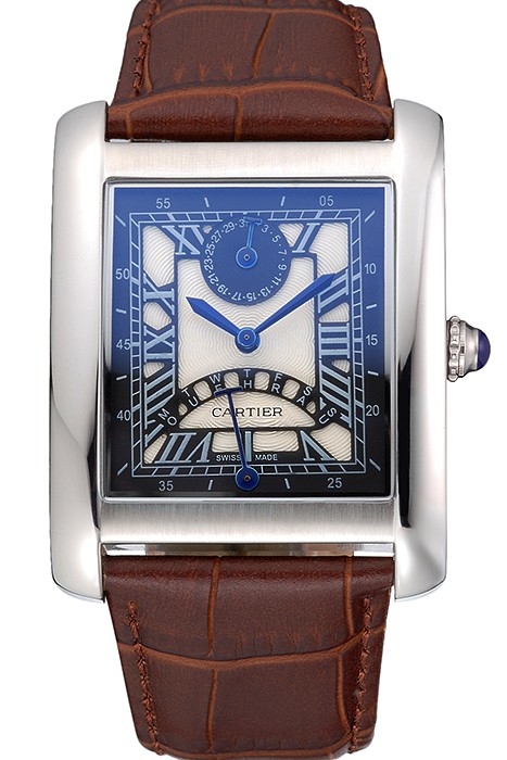 Cartier Tank Black And White Dial Stainless Steel Case Brown Leather Strap  622763