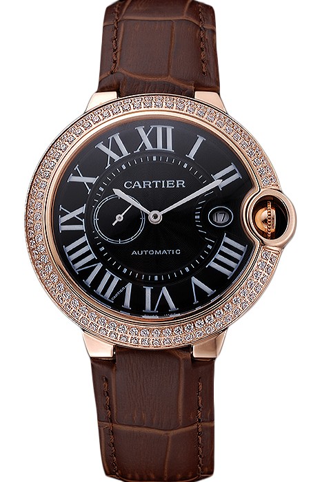 Swiss Cartier Ballon Bleu Diamond Case Black Dial Brown Leather Bracelet  622679