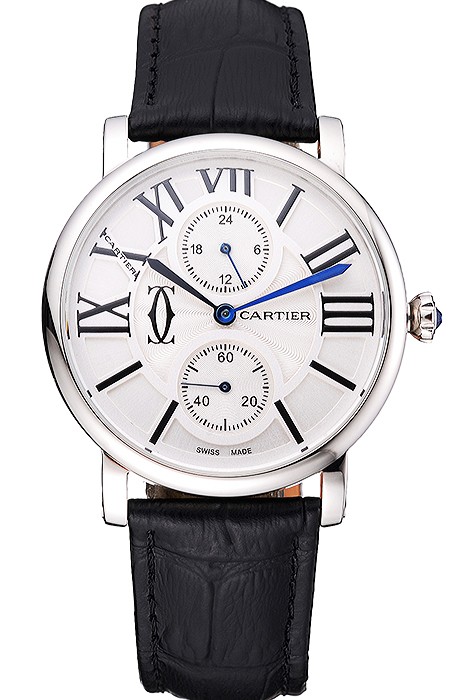 Cartier Ronde Second Time Zone White Dial Stainless Steel Case Black Leather Strap  622798