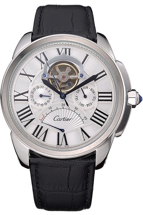 Cartier Calibre Tourbillon White Dial Stainless Steel Case Black Leather Strap  622751