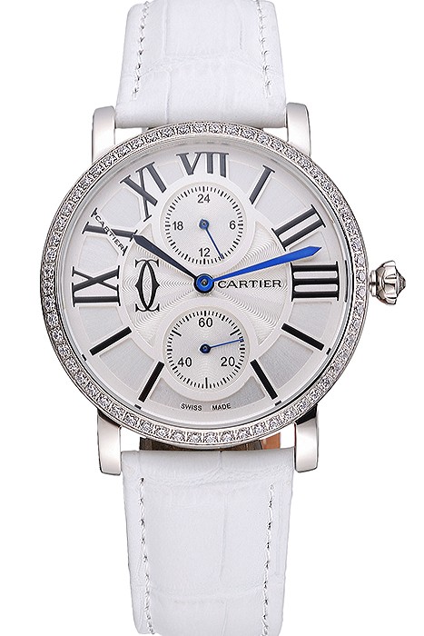Cartier Ronde Second Time Zone White Dial Stainless Steel Case With Diamonds White Leather Strap  622803