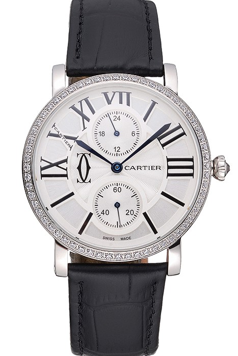 Cartier Ronde Second Time Zone White Dial Stainless Steel Case With Diamonds Black Leather Strap  622804