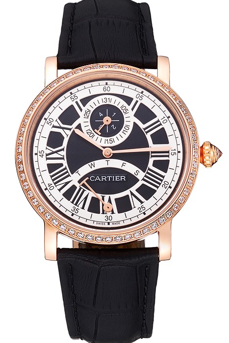 Cartier Rotonde Black And White Dial Gold Case With Jewels Black Leather Strap  622758
