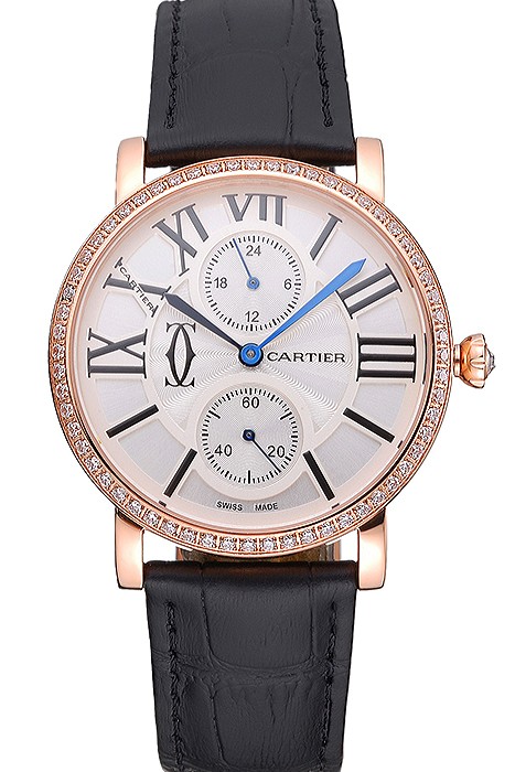 Cartier Ronde Second Time Zone White Dial Gold Case With Diamonds Black Leather Strap  622809