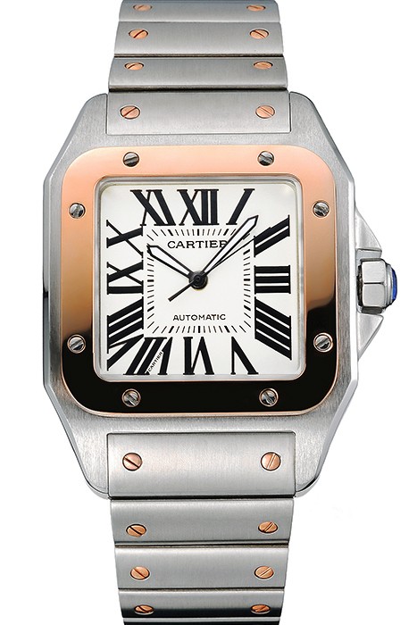 Swiss Cartier Santos White Dial Gold Bezel Steel Case And Bracelet  622881