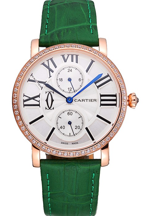 Cartier Ronde Second Time Zone White Dial Gold Case With Diamonds Green Leather Strap  622812