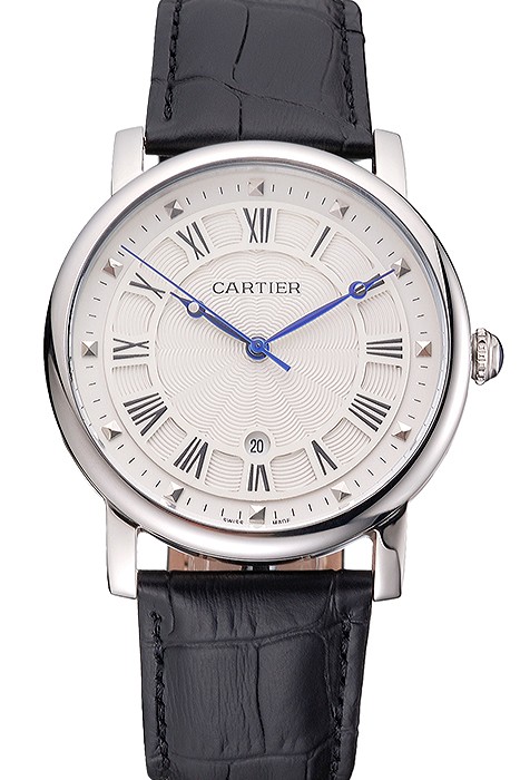 Cartier Rotonde Date White Dial Stainless Steel Case Black Leather Strap
