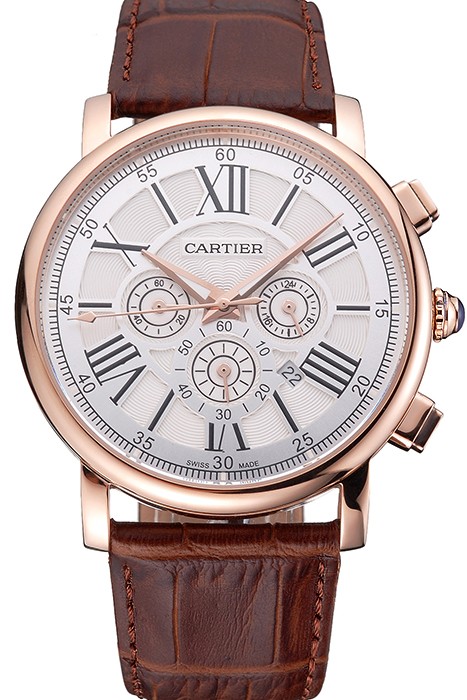 Cartier Rotonde Chronograph White Dial Rose Gold Case Brown Leather Strap