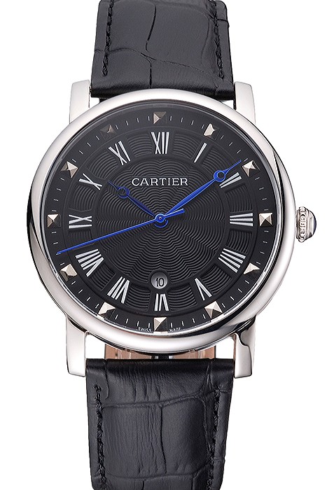 Cartier Rotonde Date Black Dial Stainless Steel Case Black Leather Strap
