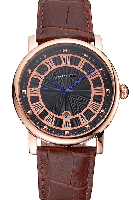 Cartier Rotonde Date Black Dial Rose Gold Case Brown Leather Strap