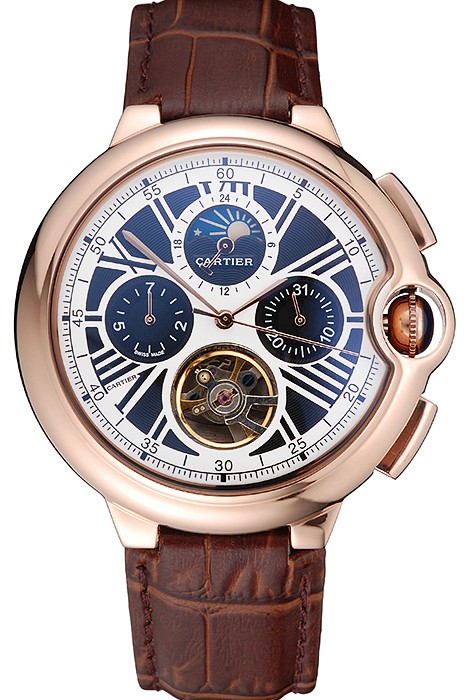 Cartier Ballon Bleu Flying Tourbillon Chronograph White Dial Rose Gold Case Brown Leather Strap