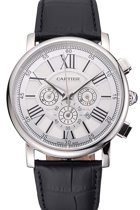 Cartier Rotonde Chronograph White Dial Stainless Steel Case Black Leather Strap
