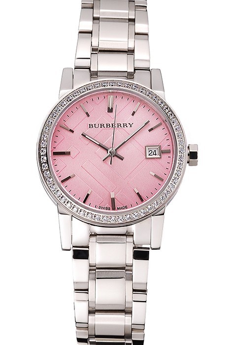 Burberry The City Pink Dial Diamond Bezel Stainless Steel Case And Bracelet