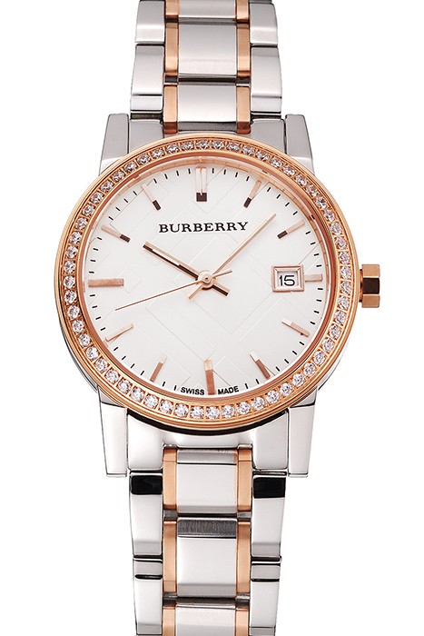 Burberry The City White Dial Rose Gold Diamond Bezel Stainless Steel Case Two Tone Bracelet
