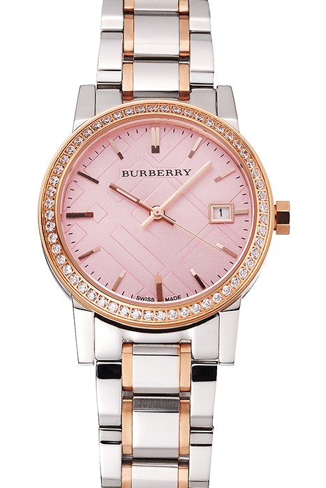 Burberry The City Pink Dial Rose Gold Diamond Bezel Stainless Steel Case Two Tone Bracelet
