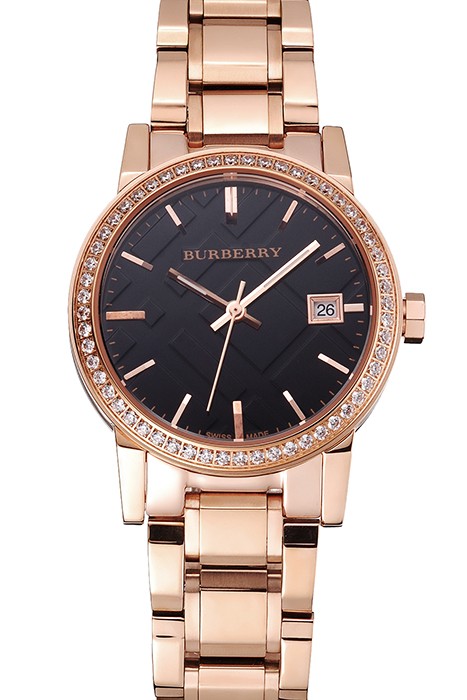 Burberry The City Black Dial Diamond Bezel Rose Gold Case And Bracelet