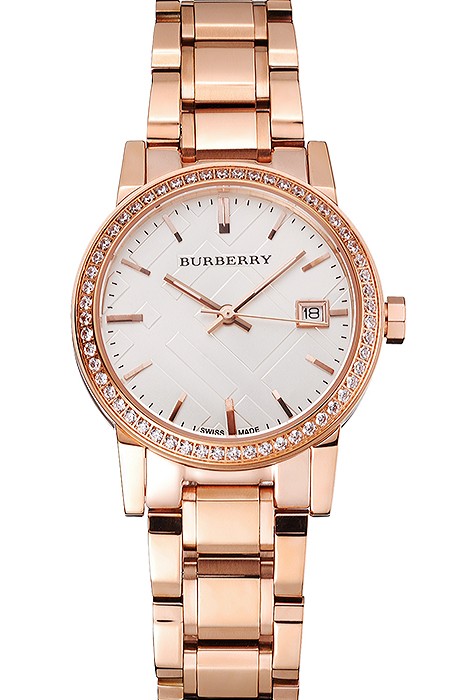 Burberry The City White Dial Diamond Bezel Rose Gold Case And Bracelet
