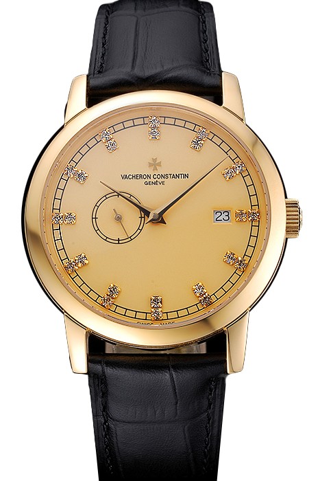 Swiss Vacheron Constantin Patrimony Contemporaine Gold Case Gold Diamond Dial Black Leather Bracelet  622682