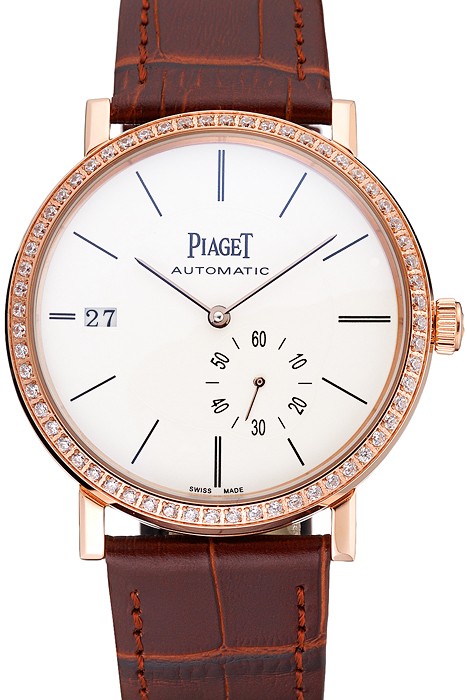 Piaget Altiplano Diamond Gold Case White Dial Brown Leather Bracelet  622627