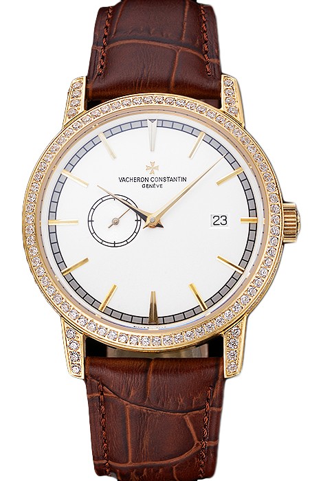Swiss Vacheron Constantin Patrimony Contemporaine Gold Diamond Case White Dial Brown Leather Bracelet  622686
