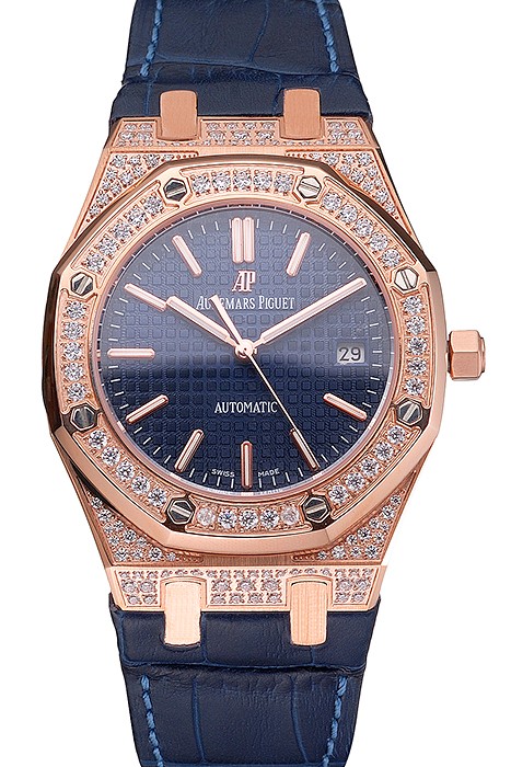 Swiss Audemars Piguet Royal Oak Blue Dial Gold Case With Diamonds Blue Leather Strap