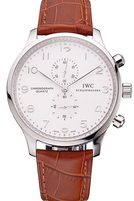 IWC Portugieser Chronograph White Dial Steel Hands And Numerals Stainless Steel Case Brown Leather Strap