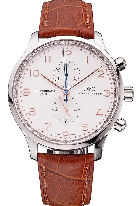 IWC Portugieser Chronograph White Dial Rose Gold Hands And Numerals Stainless Steel Case Brown Leather Strap