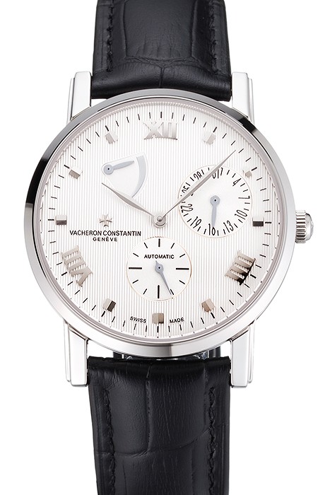 Swiss Vacheron Constantin Patrimony Quantieme Reserve De Marche White Dial Stainless Steel Case Black Leather Strap