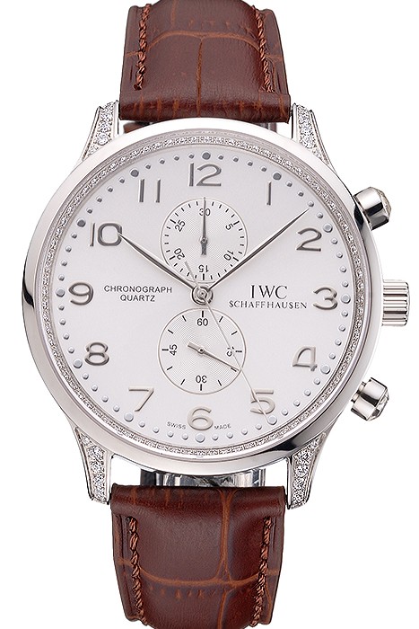 IWC Portugieser Chronograph White Dial Steel Hands And Numerals Steel Case With Diamonds Brown Leather Strap
