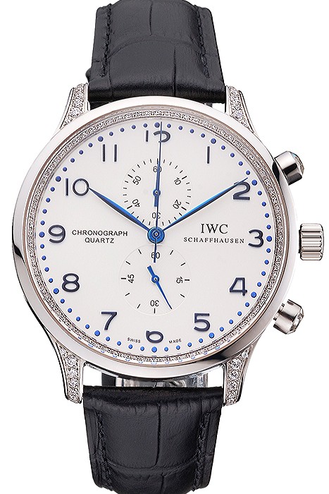 IWC Portugieser Chronograph White Dial Blue Hands And Numerals Steel Case With Diamonds Black Leather Strap
