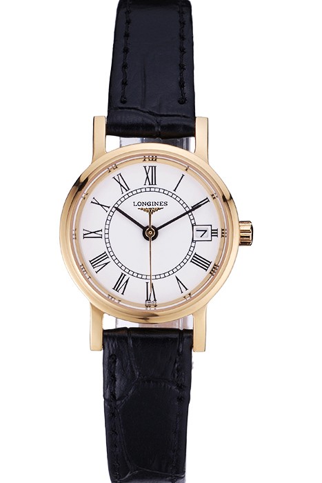 Longines La Grande Classique White Round Dial Gold Case Black Leather Band Small  622383