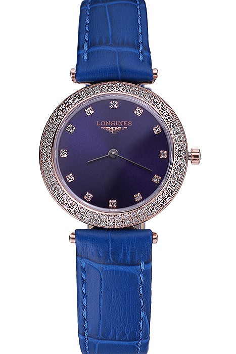 Longines La Grande Classique Blue Round Dial Diamond Case Diamond Numerals Blue Leather Band  622386