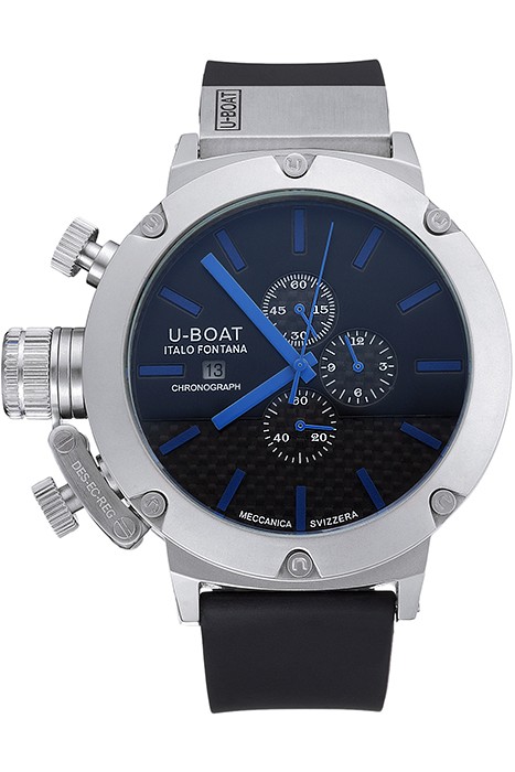 U-Boat Italo Fontana Black Carbon Dial Blue Hour Marks Stainless Steel Case Rubber Bracelet  622708
