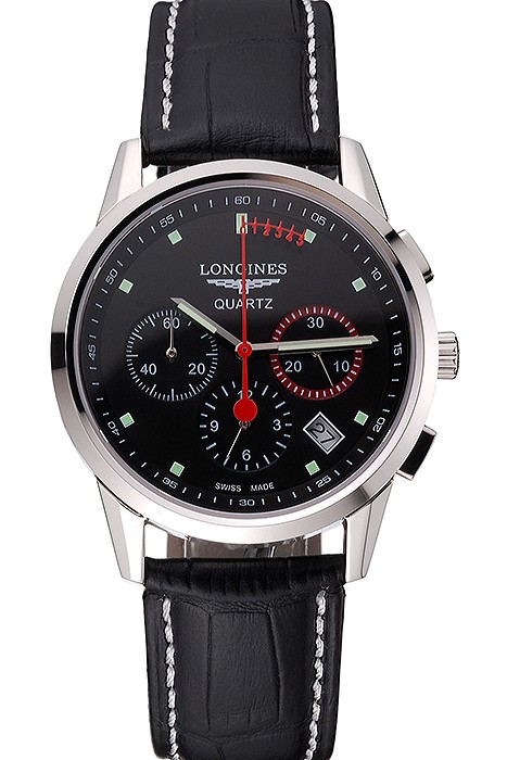 Longines Column Wheel Black Dial Silver Stainless Steel Case Black Leather Strap