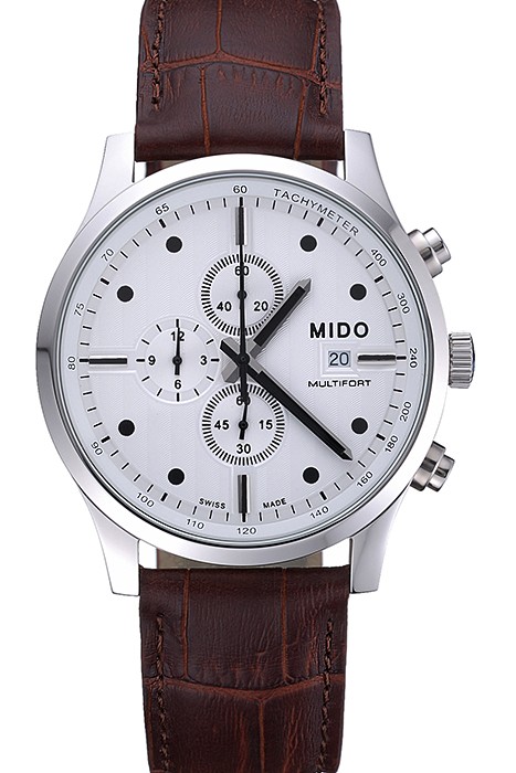Mido Multifort Cronograph All White & Black Dial Brown Leather Strap  622183
