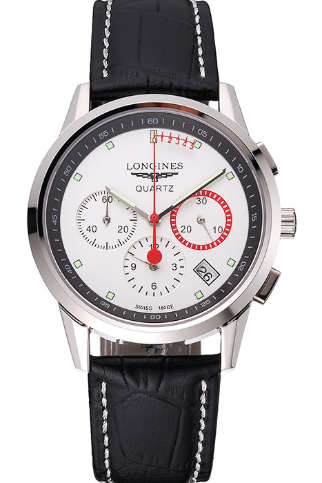 Longines Column Wheel White Dial Silver Stainless Steel Case Black Leather Strap