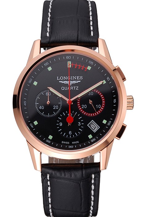 Longines Column Wheel Black Dial Gold Case Black Leather Strap