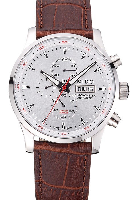Mido Multifort Chronograph Gray Dial Stainless Steel Case Brown Leather Strap