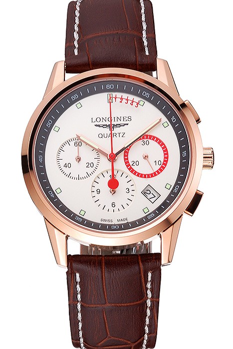 Longines Column Wheel White Dial Gold Case Brown Leather Strap