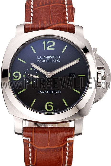 Panerai Luminor Marina 1950 Black Dial Brushed Steel Case Light Brown Leather Strap