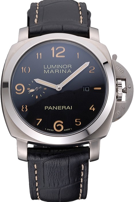 Panerai Luminor Marina 1950 Black Dial Brushed Steel Case Black Embossed Leather Strap