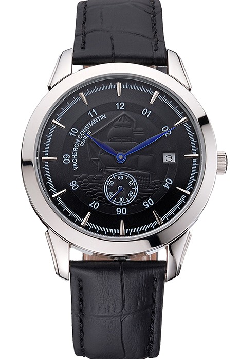 Vacheron Constantin Traditionnelle Black Ship Dial Stainless Steel Case Black Leather Strap