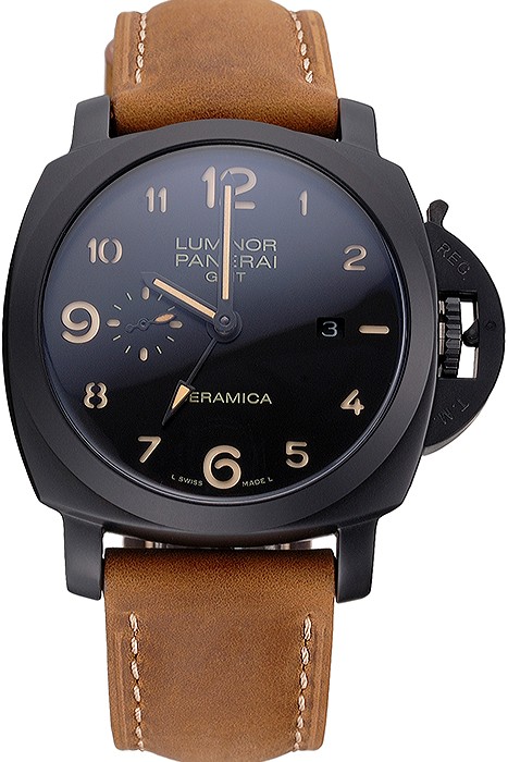 Panerai Luminor 1950 GMT Ceramica Black Dial Matte Black Case Brown Suede Leather Strap