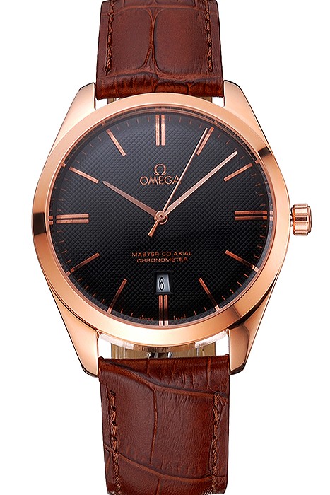 Omega Tresor Master Co-Axial Black Dial Rose Gold Case Brown Leather Strap