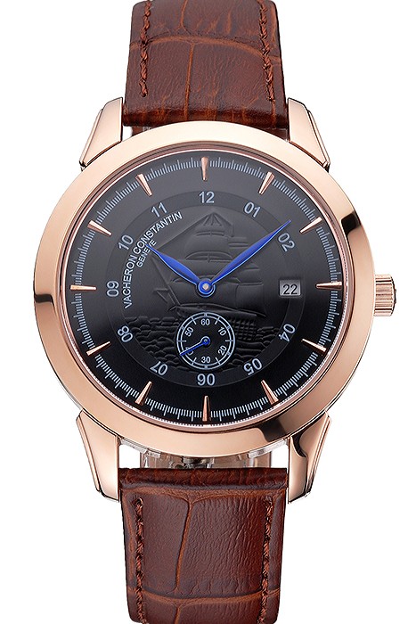 Vacheron Constantin Traditionnelle Black Ship Dial Rose Gold Case Brown Leather Strap