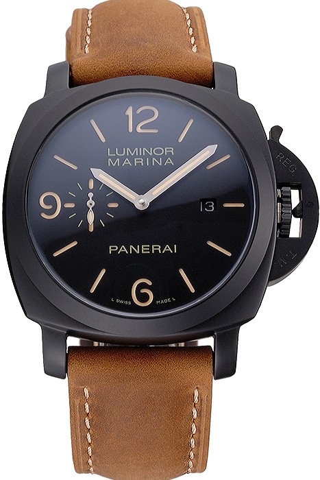 Panerai Luminor Marina Black Dial Matte Black Steel Case Brown Suede Leather Strap