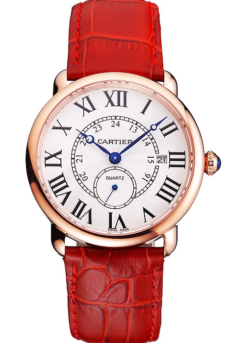 Cartier Ronde Louis Cartier White Dial Gold Case Red Leather Strap