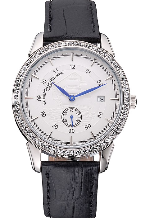 Vacheron Constantin Traditionnelle White Ship Dial Stainless Steel Case With Diamonds Black Leather Strap